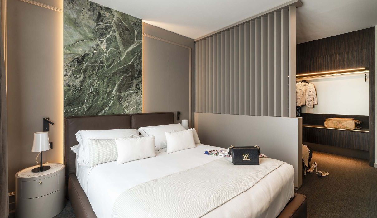 Custom made hotel room furniture with marble headboard - elegant style