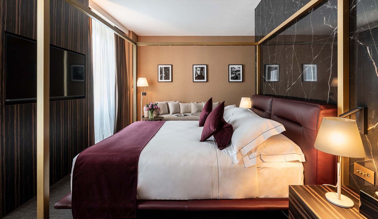 Custom Hotel Furniture: Elegant Marble and Polished Brass Furnishings with Velvet Upholstery