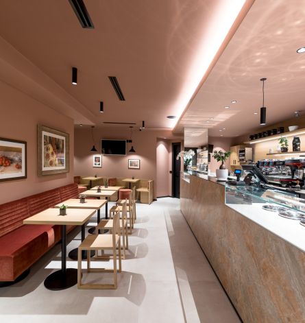 Custom-made furniture for ice cream parlors and bars: bar counter, ice cream display case, tables and chairs