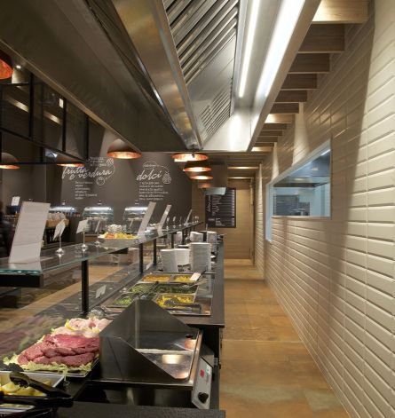 Custom-made furniture for self-service restaurants: detail of the food counter