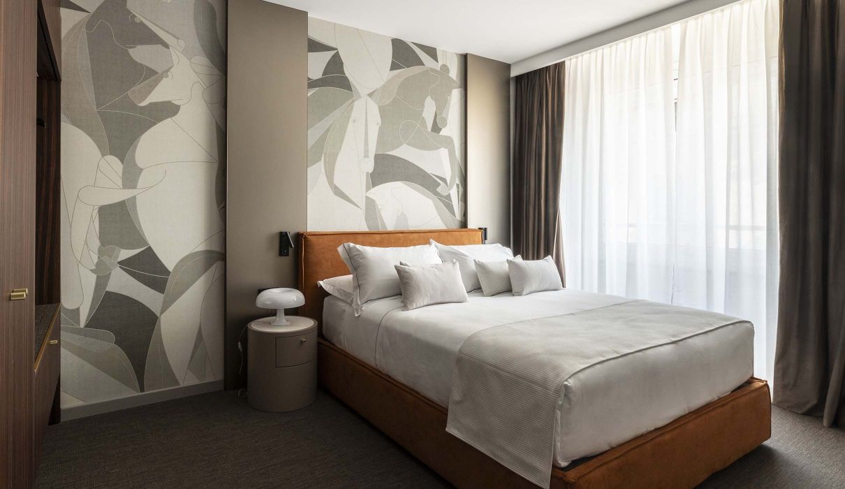 Hotel furniture: upholstered headboard and wallpaper - custom furniture