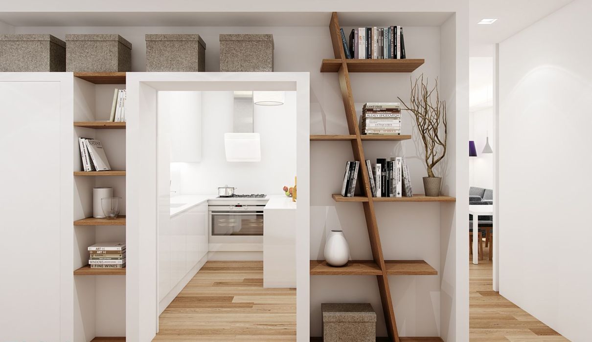 Libreria a parete con ingresso cucina